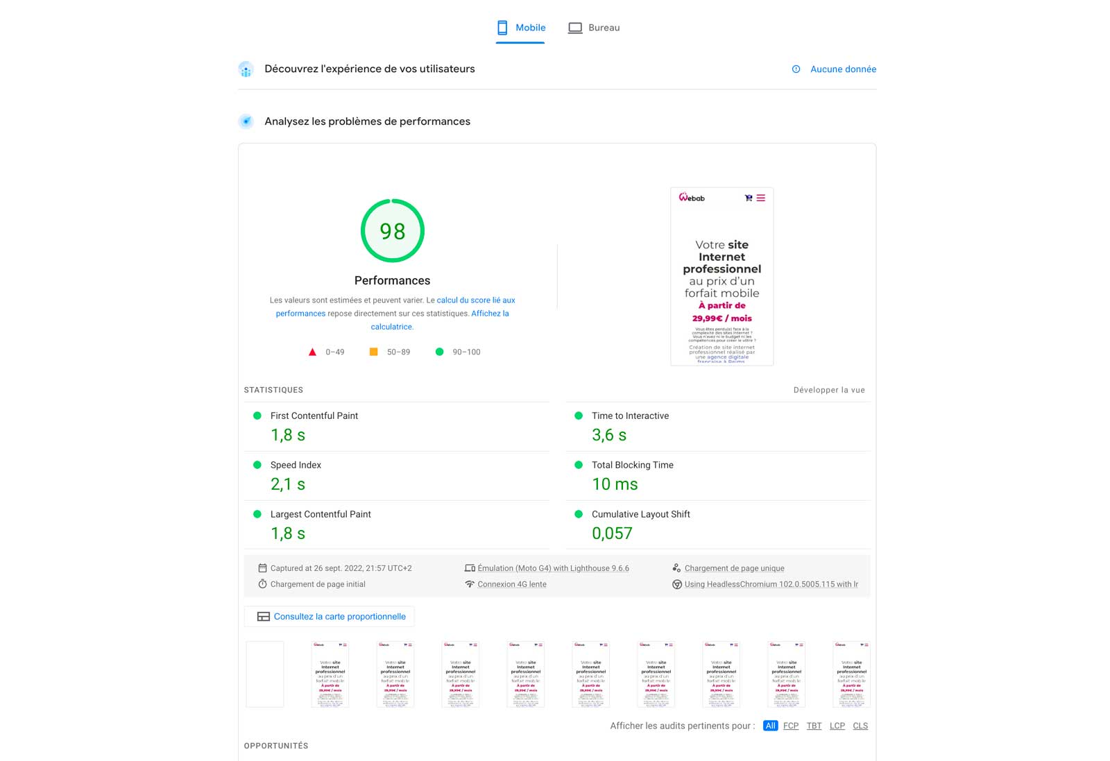 score vitesse de chargement site one page